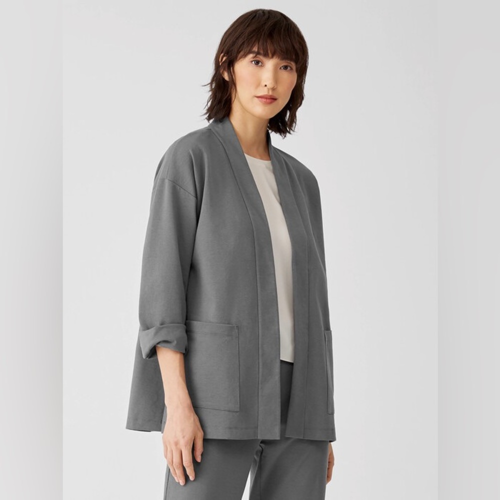 Eileen Fisher Cotton Ponte Jacket Boxy Fit, Long, Blazer, High Collar, Grey, XS